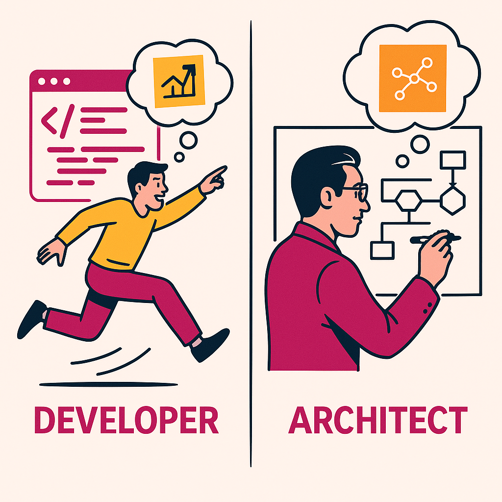 Developer jumping into code vs. Architect sketching system flow